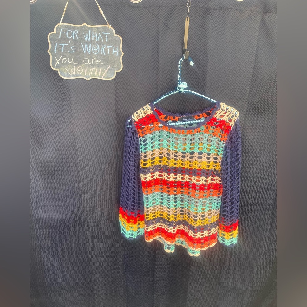 Anna Bella Crochet Multi Color Knit Long Sleeve Blouse Size S NWT